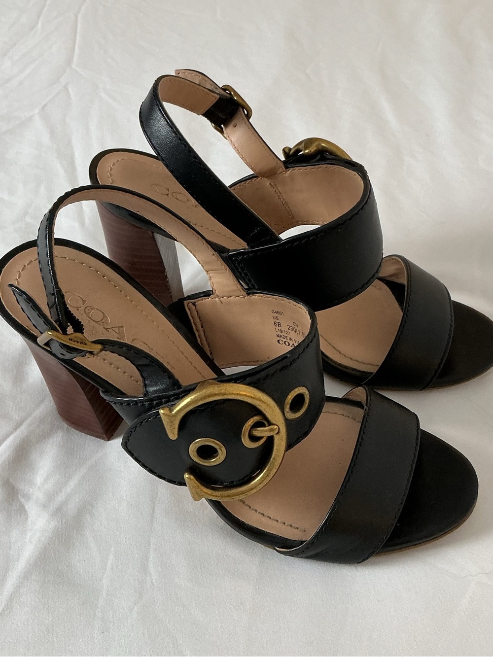 Coach Black Leather High Block Heel Sandals with Gold Hardware
